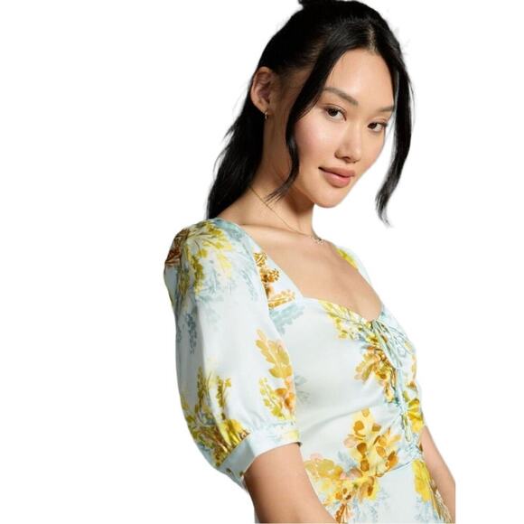 Anthropologie The Vineyard Floral Satin Midi Dress Blue Yellow Puff Sleeve sz 4 - Picture 8 of 8